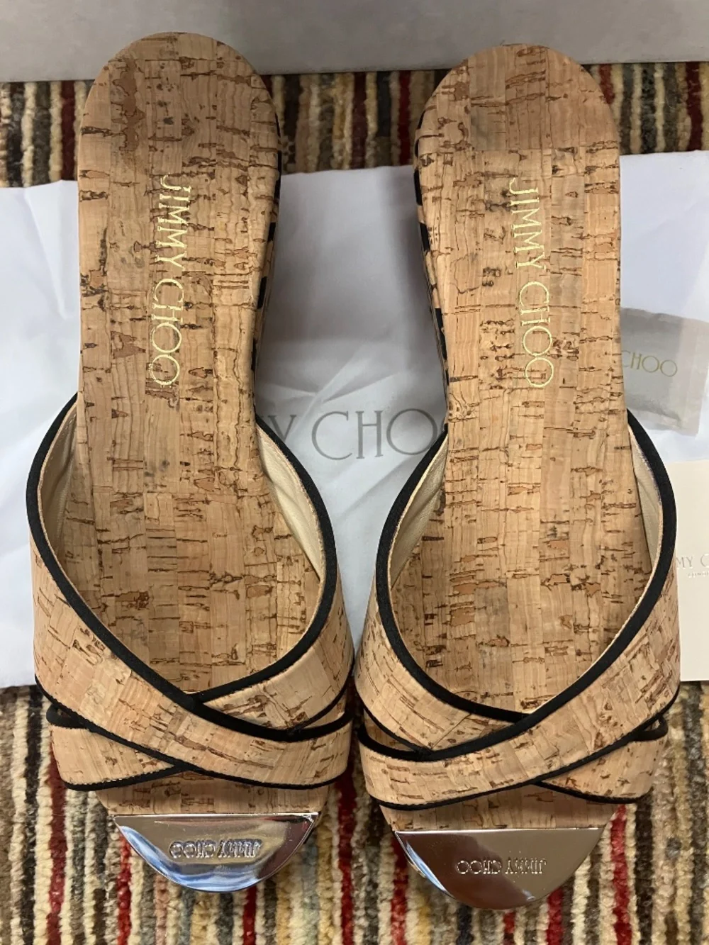 NEW Jimmy Choo USA 7 - Open Toe, Nude with Black Leopard Print, Cork Wedges